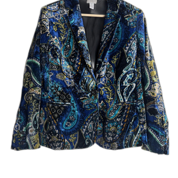Chicos Blazer Womens S Blue Velvet Paisley Print Button Front Jacket Boho Dressy - Picture 4 of 9